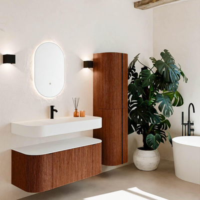 MONDIAZ THOR Meuble de salle de bains 110cm arrondi gauche + droite couleur Ruby avec 1 tiroir et 2 portes. Vasque suspendue CLOUD Milieu 1 trou de robinet couleur Talc.