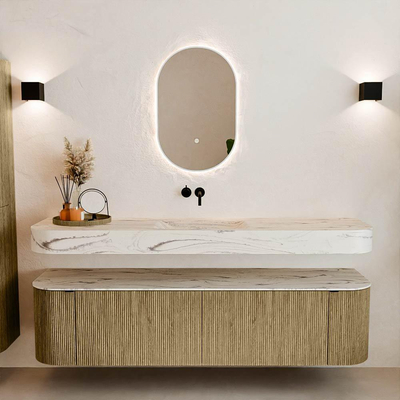 MONDIAZ THOR-DLUX Meuble de salle de bains - 180cm - arrondi gauche + droite - couleur Dusk - 2 tiroirs - 2 portes - Vasque suspendue CLOUD Milieu sans trou de robinet - couleur Nata