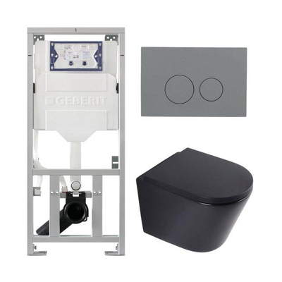 QeramiQ Dely Toiletset - 36.3x51.7cm - diepspoel - rimless - Geberit UP320 inbouwreservoir - softclose toilet zitting - 35mm - bedieningsplaat licht grijs - ronde knoppen - mat zwart