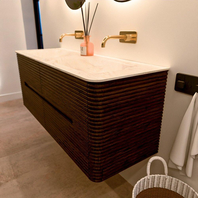 Mondiaz CIRO-DLUX Badkamermeubelset - 130x45x50cm - Solid surface wastafel Ostra - 2 wasbak Dubbel - zonder kraangaten - 4 lades - Walnut