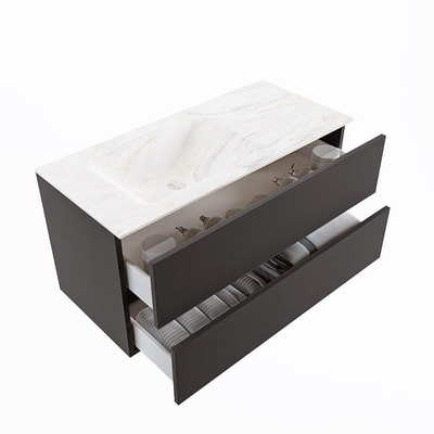 Mondiaz VICA-DLUX Ensemble de meuble de salle de bain - 100cm - meuble sous-vasque gris foncé - 2 tiroirs - lavabo encastré cloud gauche - 1 trou de robinet - version haute de 60cm - ostra