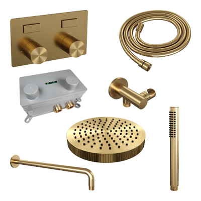 BRAUER Stripe Thermostatische Inbouw Regendouche - drukknoppen - SET 26 - 25cm douchekop - gebogen muurarm - staaf handdouche - doucheslang - wandaansluitbocht - goud geborsteld PVD