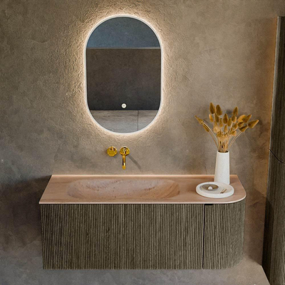 MONDIAZ KURVE-DLUX Meuble de salle de bains 115cm arrondi Droite couleur Shadow avec 1 tiroir et 1 porte. Lavabo BIG SMALL Gauche sans trou de robinet Saba.