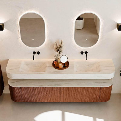 MONDIAZ THOR-DLUX 200cm meuble de salle de bains arrondi gauche + droite couleur Ruby avec 2 tiroirs et 2 portes. Vasque suspendue CLOUD Double sans trou de robinet couleur Meli.