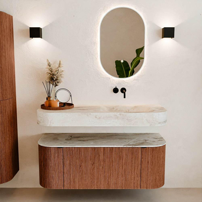 MONDIAZ THOR-DLUX 120cm badmeubel ronding links + rechts kleur Ruby met 1 lade en 2 deuren. Vrijhangende wastafel CLOUD Rechts zonder kraangat kleur Frappe.