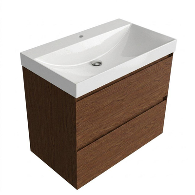 Saniclass Holz Pure Ensemble meuble de salle de bains - 80x45x67.5cm - Lavabo en céramique Wave - 1 vasque - 1 trou de robinetterie - 2 tiroirs - walnut pure mat (bois)