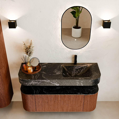 MONDIAZ THOR-DLUX 130cm meuble de salle de bains arrondi gauche + droite couleur Ruby avec 1 tiroir et 2 portes. Vasque suspendue CLOUD Droite 1 trou de robinet couleur Lava.