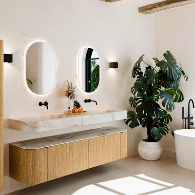 MONDIAZ THOR-DLUX 180cm meuble de salle de bains arrondi gauche + droite couleur Oak avec 2 tiroirs et 2 portes. Vasque suspendue CLOUD Double sans trou de robinet couleur Frappe.