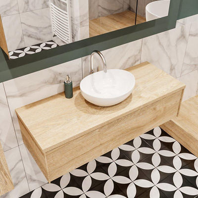 ENSEMBLE DE MEUBLE MONDIAZ LUSH - 120cm - 1 tiroir - lavabo BARCO - vasque centrale - 1 trou de robinet - chêne blanchi