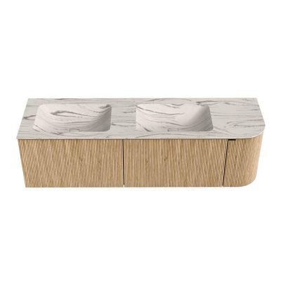 MONDIAZ KURVE-DLUX Meuble de salle de bains 155cm arrondi à droite couleur Chêne avec 2 tiroirs et 1 porte. Lavabo LEAF Double / Gauche 2 trous de robinet Nata.