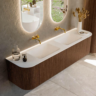 MONDIAZ KURVE 180cm meuble de salle de bains avec module 25 Len R couleur Walnut avec 2 tiroirs et 2 portes. Lavabo CLOUD double sans trou de robinet Talc.
