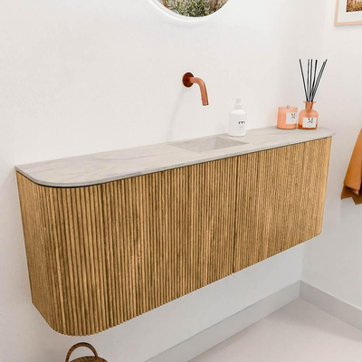 Mondiaz JOYA-DLUX Meuble de salle de bains 113.2cm - arrondi gauche et droite couleur Oak - Vasque FAYE position Milieu Sans trou de robinet couleur Ostra