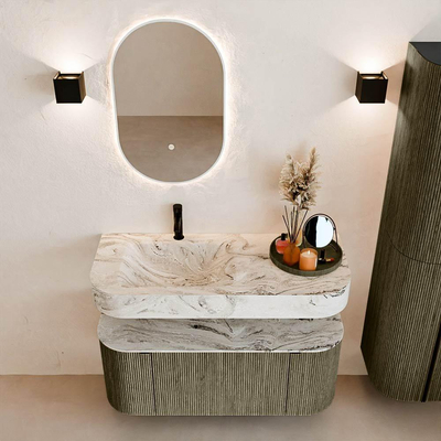 MONDIAZ THOR-DLUX Meuble de salle de bains 110cm arrondi gauche + droite couleur Shadow avec 1 tiroir et 2 portes. Vasque suspendue CLOUD Gauche 1 trou de robinet couleur Glace.