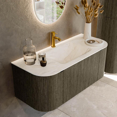 Ensemble de meuble de salle de bain Mondiaz KURVE-DLUX - 110x46x40cm - 1 tiroir - 2 portes - lavabo en solid surface - milieu - 1 trou de robinet - Shadow
