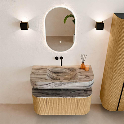 MONDIAZ THOR-DLUX 100cm badmeubel ronding links + rechts kleur Oak met 1 lade en 2 deuren. Vrijhangende wastafel CLOUD Midden zonder kraangat kleur Sombra.