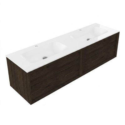 Saniclass Holz Frame Ensemble meuble de salle de bains - 160x45x41.5cm - lavabo Flow en solid surface blanc - 2 vasques - 2 trous de robinet - 2 tiroirs - chêne charcoal mat (bois)
