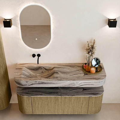 MONDIAZ THOR-DLUX Meuble de salle de bains 140cm arrondi gauche + droite couleur Dusk avec 1 tiroir et 2 portes. Vasque suspendue CLOUD Gauche sans trou de robinet couleur Sombra.