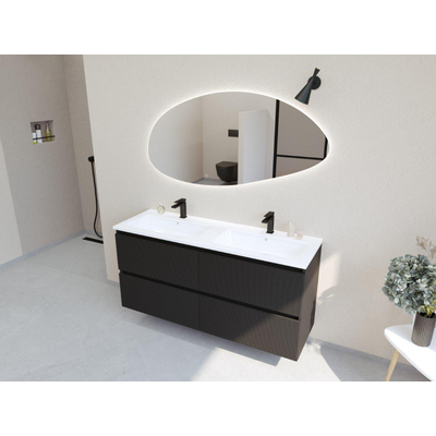 HR Infinity XXL ensemble de meubles de salle de bain 3d 140 cm 2 vasques en céramique gala blanc 2 trous de robinet 4 tiroirs noir mat