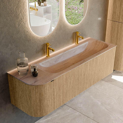 MONDIAZ KURVE-DLUX 145cm badmeubel ronding Links kleur Oak met 1 lade en 1 deur. Wastafel BIG LARGE Rechts 2 kraangaten Saba.