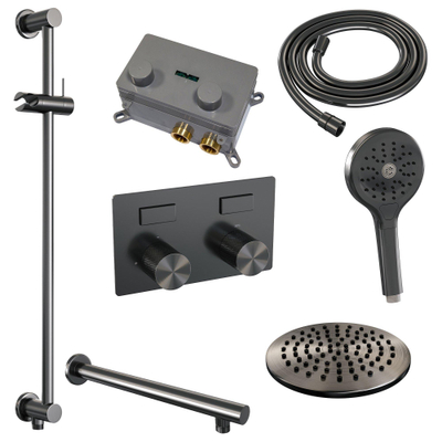 BRAUER gunmetal Carving Thermostatische Regendouche inbouw - drukknoppen - SET 67 - 20cm hoofddouche - rechte muurarm - 3 standen handdouche - doucheslang - geïntegreerde glijstang - gunmetal geborsteld PVD