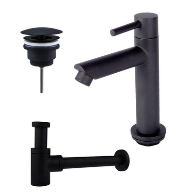 Fortifura Calvi Fonteinkraanset - staande fonteinkraan - laag - always open plug - design - sifon - mat zwart