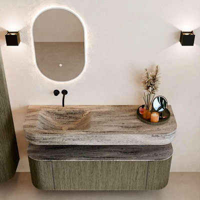 MONDIAZ THOR-DLUX Meuble de salle de bains 140cm arrondi gauche + droite couleur Shadow avec 1 tiroir et 2 portes. Vasque suspendue CLOUD Gauche sans trou de robinet couleur Oza.