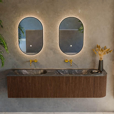 MONDIAZ KURVE-DLUX 175cm badmeubel met module 25 R kleur Walnut met 2 lades en 1 deur. Wastafel STOR SMALL dubbel / links zonder kraangat kleur Lava.