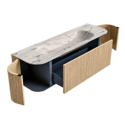 MONDIAZ KURVE-DLUX meuble de salle de bains 150cm arrondi Gauche + Droite couleur Oak avec 1 tiroir et 2 portes. Vasque BIG MEDIUM Centre sans trou de robinet Nata.
