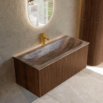MONDIAZ KURVE-DLUX 100cm badmeubel kleur Walnut met 1 lade en 0 deuren. Wastafel BIG MEDIUM Midden 1 kraangat Oza.