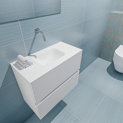 Mondiaz ADA Meuble lave-mains 60x30x50cm sans trou de robinet 2 tiroirs Talc mat Lavabo Lex Centre Solid Surface Blanc