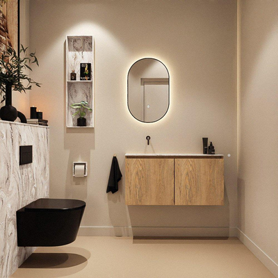 MONDIAZ TURE-DLUX Meuble toilette - 100cm - Washed Oak - EDEN - vasque Glace - position gauche - sans trou de robinet