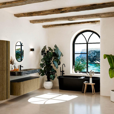 MONDIAZ THOR-DLUX Meuble de salle de bains - 140cm - arrondi gauche + droite - couleur Dusk - 1 tiroir - 2 portes - Vasque suspendue CLOUD centrale 1 trou de robinet - couleur Lava