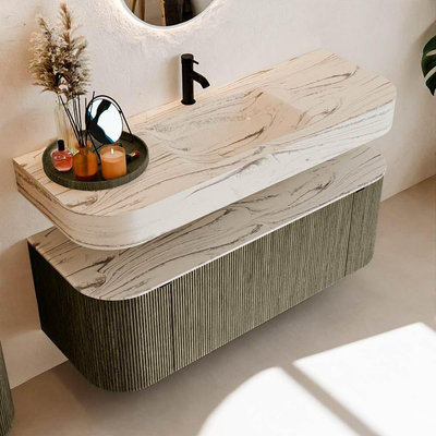 MONDIAZ THOR-DLUX 130cm meuble de salle de bains arrondi gauche + droite couleur Shadow avec 1 tiroir et 2 portes. Vasque suspendue CLOUD Milieu 1 trou de robinet couleur Nata.