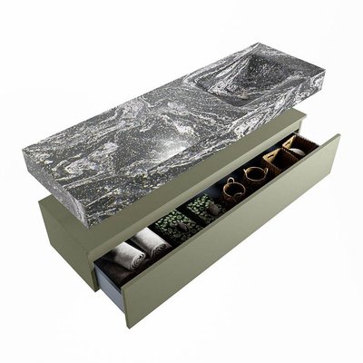 Mondiaz ALAN-DLUX Ensemble de meuble - 150cm - meuble Army mat - 1 tiroir - Lavabo Cloud Lava suspendu - vasque Droite - 0 trous de robinet