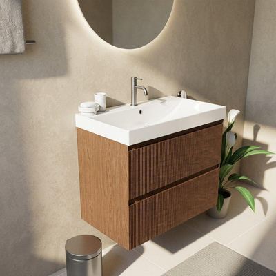 Saniclass Holz Atelier Ensemble meuble de salle de bains - 80x45x67.5cm - vasque Wave en céramique - 1 vasque - 1 trou de robinet - 2 tiroirs - walnut pure mat (bois)