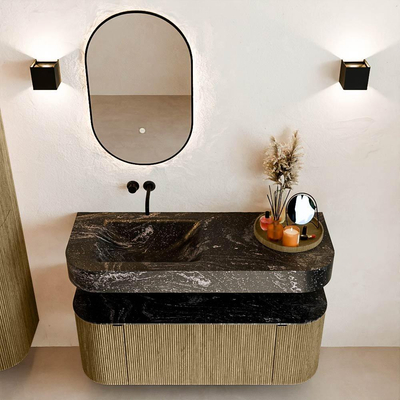 MONDIAZ THOR-DLUX 120cm meuble de salle de bains arrondi gauche + droite couleur Dusk avec 1 tiroir et 2 portes. Vasque suspendue CLOUD gauche sans trou de robinet couleur Lava.