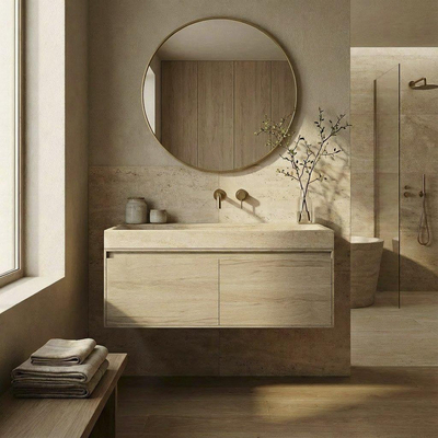 Forzalaqua Ibiza Ensemble meuble de salle de bains - 120x50x50cm - 2 tiroirs - lavabo en travertin - sans trou de robinet - jeu de supports - bouchen de vidage - Smoke