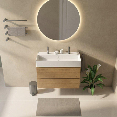 Saniclass Holz Pure Ensemble de meubles de salle de bains - 100x45x72cm - vasque en céramique Legend blanche - 1 vasque - 2 trous de robinetterie - 2 tiroirs - chêne natural mat (bois)