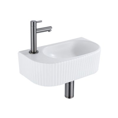 QeramiQ Fuente Ensemble de Lavabo - 40x21.5x12cm - gauche - strié - demi-rond - 1 trou de robinet - céramique - ensemble de robinet gunmetal - bouchon de vidange - siphon abaissé - blanc mat