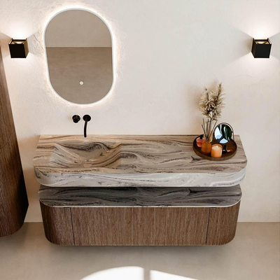 MONDIAZ THOR-DLUX 150cm badmeubel ronding links + rechts kleur Walnut met 1 lade en 2 deuren. Vrijhangende wastafel CLOUD Links zonder kraangat kleur Sombra.