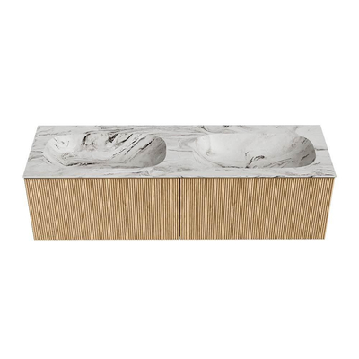 MONDIAZ KURVE-DLUX 150cm meuble de salle de bains couleur Oak avec 2 tiroirs. Plan vasque STOR SMALL double sans trou de robinet couleur Glace.