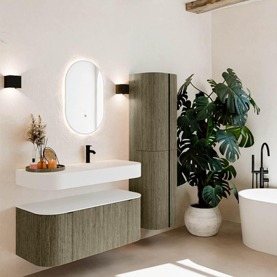 MONDIAZ THOR Meuble de salle de bains 110cm arrondi gauche + droite couleur Shadow avec 1 tiroir et 2 portes. Vasque suspendue CLOUD Droite 1 trou de robinet couleur Talc.