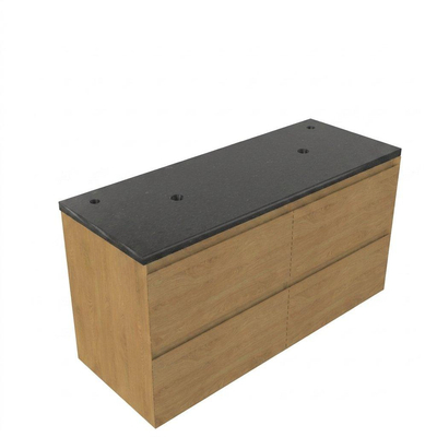 Saniclass Holz Pure Ensemble de meuble de salle de bains - 120x45x63cm - Plan vasque en basalte Noche poli (noir) - 2 trous de robinet - 4 tiroirs - chêne natural mat (bois)