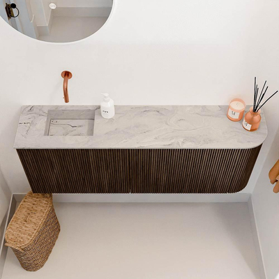 Mondiaz JOYA-DLUX 111.6cm toiletmeubel - ronding rechts kleur Walnut - Wastafel FAYE positie Links Zonder kraangat kleur Glace.