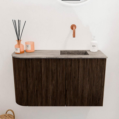 Mondiaz JOYA-DLUX 71.6cm meuble de salle de bains - arrondi gauche couleur Walnut - Vasque FAYE position Droite Sans trou de robinet couleur Oza.