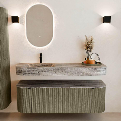 MONDIAZ THOR-DLUX 140cm meuble de salle de bains arrondi gauche + droite couleur Shadow avec 1 tiroir et 2 portes. Vasque suspendue CLOUD gauche 1 trou de robinet couleur Oza.