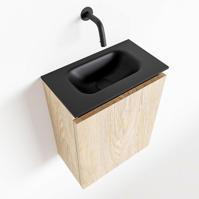 MONDIAZ TURE Fonteinset - 40x23x50cm - 0 kraangaten - 1 deur - washed oak mat - Wasbak midden - Solid Surface Zwart
