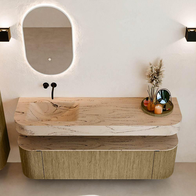 MONDIAZ THOR-DLUX 160cm meuble de salle de bains arrondi gauche + droite couleur Dusk avec 1 tiroir et 2 portes. Vasque suspendue CLOUD Gauche sans trou de robinet couleur Arena.