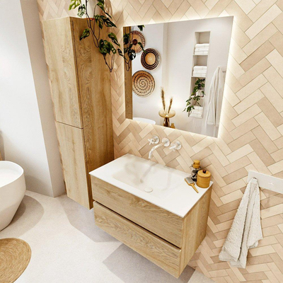 MONDIAZ VICA 80cm badmeubel onderkast Washed Oak 2 lades. Wastafel CLOUD midden zonder kraangat, kleur Talc.