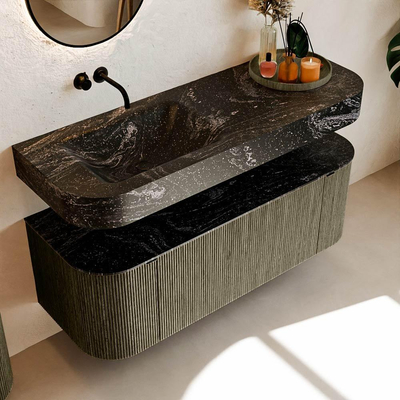 MONDIAZ THOR-DLUX 130cm badmeubel ronding links + rechts kleur Shadow met 1 lade en 2 deuren. Vrijhangende wastafel CLOUD Links zonder kraangat kleur Lava.